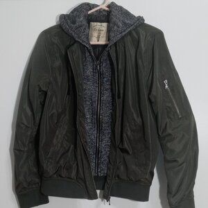 Bomber Jacket Army Green Attached Hood Utility Zipper Pocket On Sleeve Medium